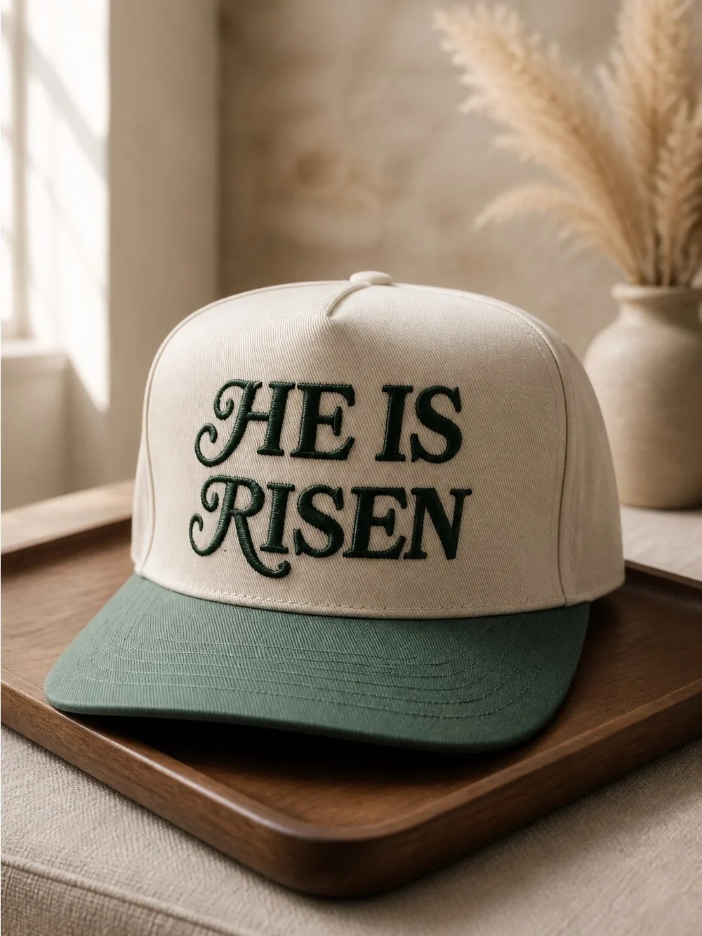 NWT Women’s Trucker Hat Cream and Green Embroidered He Is Risen Baseball Cap